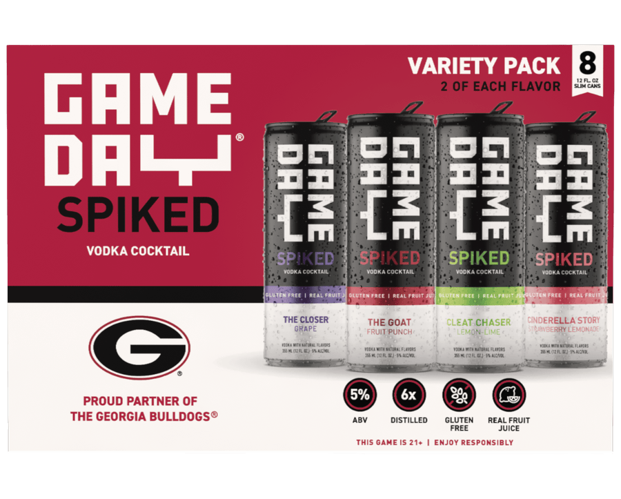 The GameDay Spiked Variety Pack in University of Georgia colors &mdash; eight cans, two of each flavor, printed &ldquo;Proud Partner of the Georgia Bulldogs&rdquo; with the Georgia G